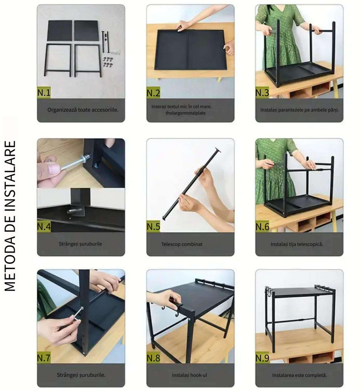 Suport Extensibil Cuptor Microunde 2 Niveluri | Reglabil 40-64x45x36.5cm | 3 Carlige | Suporta 25kg | Otel Carbon Anti-Rugina | Ventuze Anti-Alunecare - imagine 5