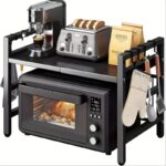 Suport Extensibil Cuptor Microunde 2 Niveluri | Reglabil 40-64x45x36.5cm | 3 Carlige | Suporta 25kg | Otel Carbon Anti-Rugina | Ventuze Anti-Alunecare