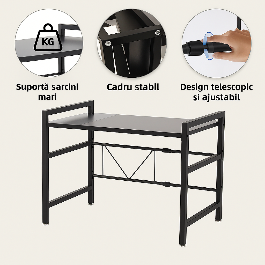 Suport Extensibil Cuptor Microunde 2 Niveluri | Reglabil 40-64x45x36.5cm | 3 Carlige | Suporta 25kg | Otel Carbon Anti-Rugina | Ventuze Anti-Alunecare - imagine 7