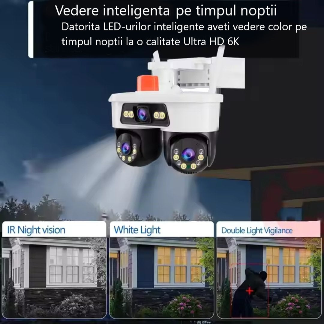 Camera Supraveghere WiFi 9MP Montare pe Colt | Dual Head PTZ 355° | 3 Lentile | Night Vision Color 30m | IP66 | Card MicroSD Cadou - imagine 2