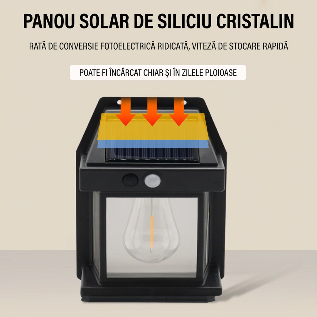 Lampa Solara de Perete LED | Design Felinar Exterior | Senzor Miscare si Crepuscul | IP65 | 12x57x17cm | Negru | Gradina Terasa - imagine 4