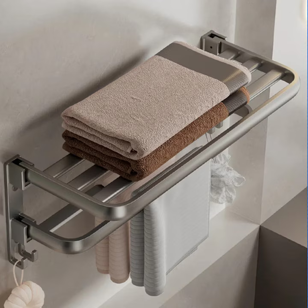 Suport Prosoape Baie Pliabil 2 Niveluri | Polita si Bara cu Carlige | Aluminiu si Otel | 60x21x17.5cm | Gri | Suporta 40kg - imagine 2