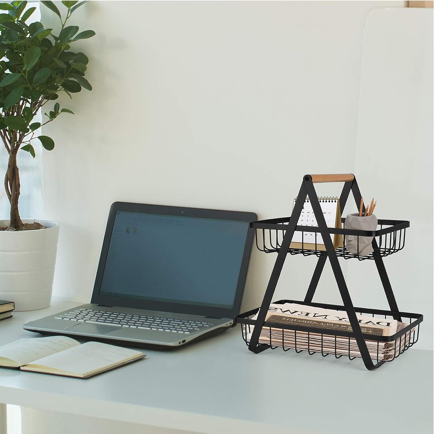 Cos Fructe 2 Nivele | Metal si Lemn | Portabil cu Maner | Structura Stabila | Multifunctional | Bucatarie si Birou - imagine 4