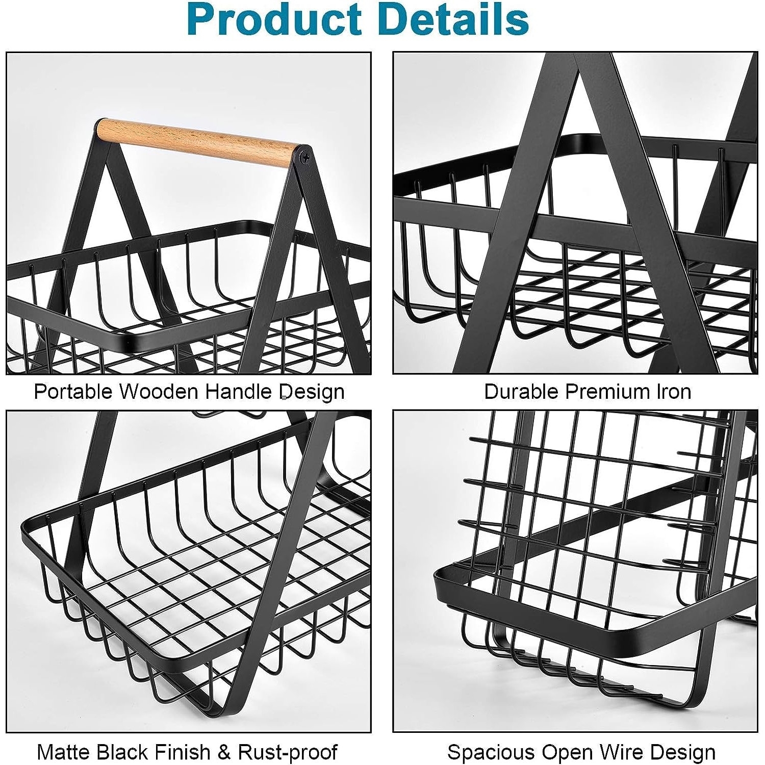 Cos Fructe 2 Nivele | Metal si Lemn | Portabil cu Maner | Structura Stabila | Multifunctional | Bucatarie si Birou - imagine 7