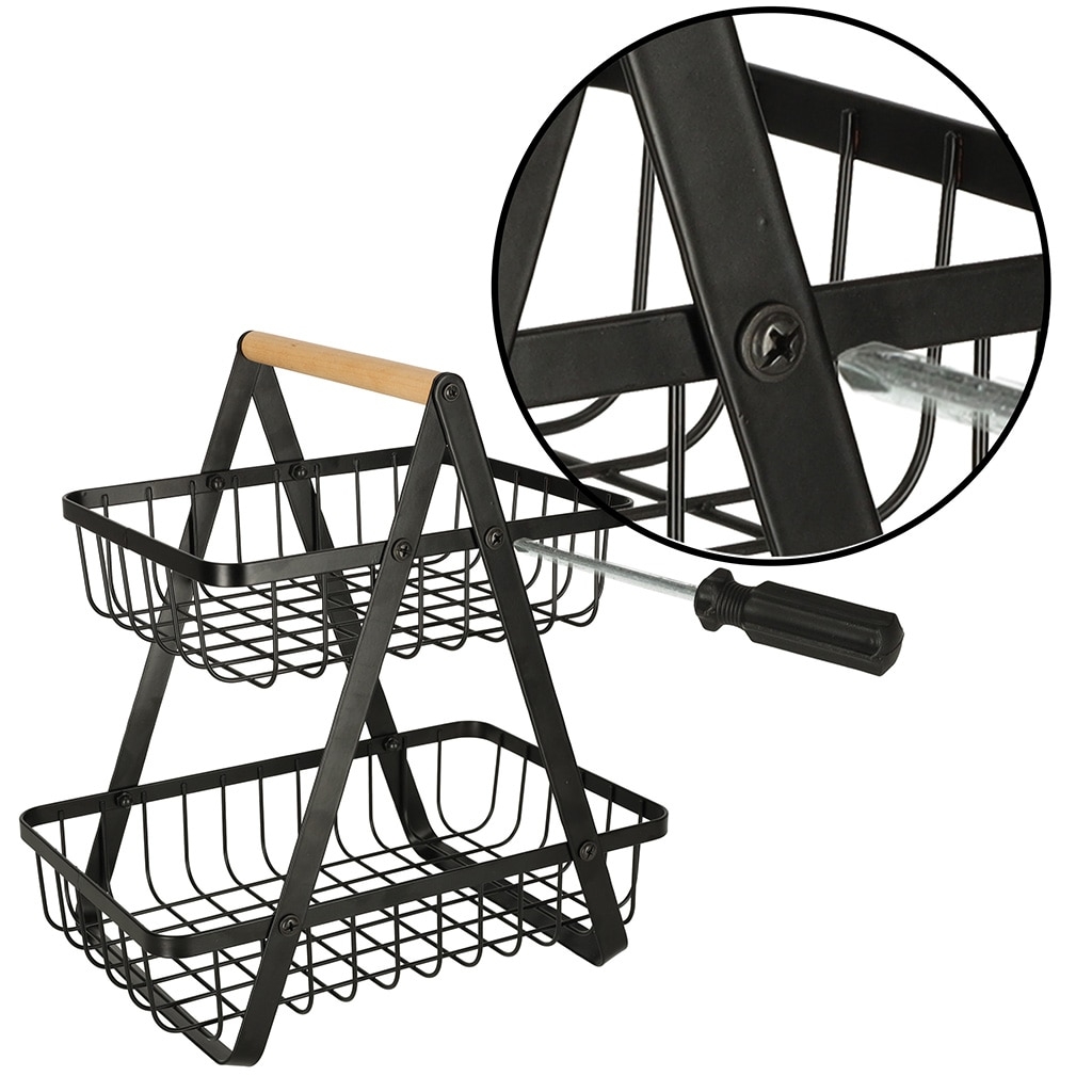 Cos Fructe 2 Nivele | Metal si Lemn | Portabil cu Maner | Structura Stabila | Multifunctional | Bucatarie si Birou - imagine 2