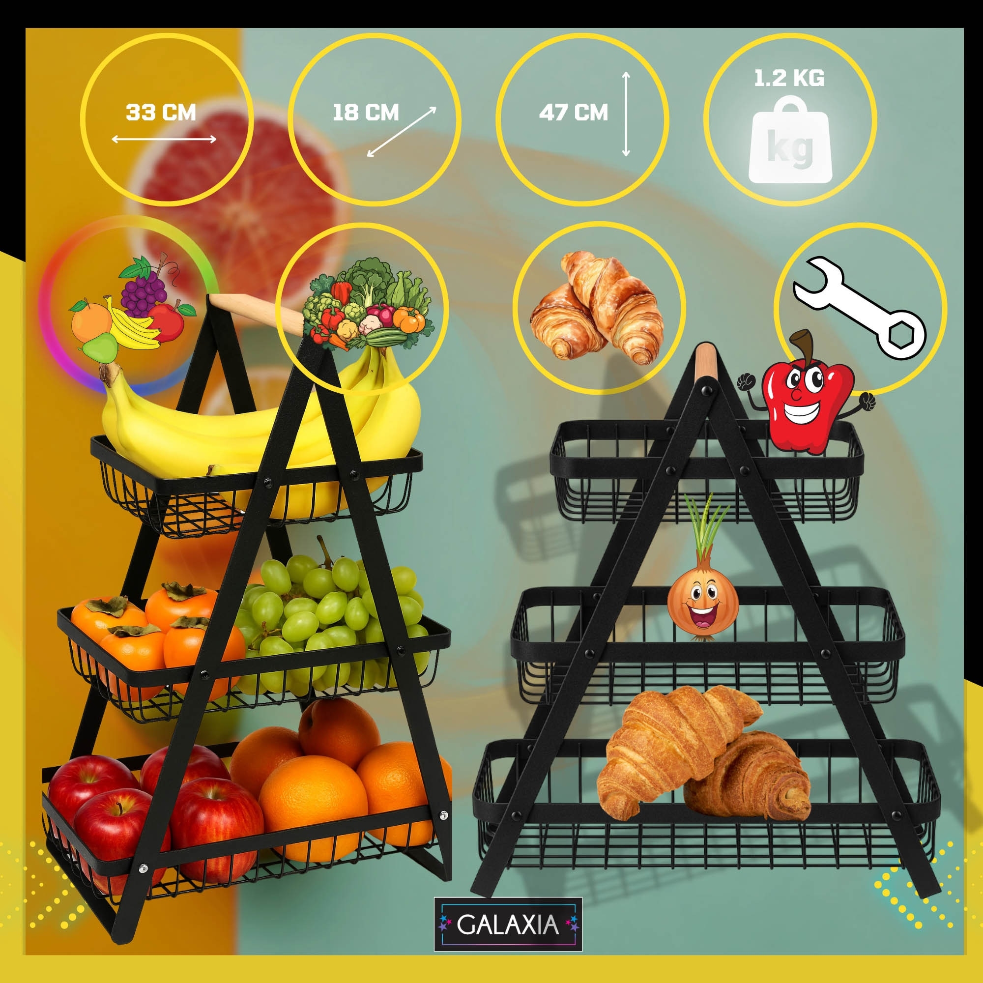 Cos Fructe 2 Nivele | Metal si Lemn | Portabil cu Maner | Structura Stabila | Multifunctional | Bucatarie si Birou - imagine 9