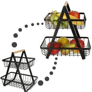 Cos Fructe 2 Nivele | Metal si Lemn | Portabil cu Maner | Structura Stabila | Multifunctional | Bucatarie si Birou