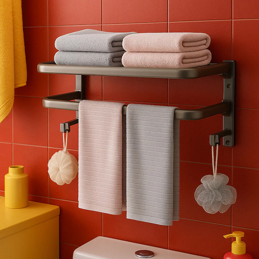 Suport Prosoape Baie Pliabil 2 Niveluri | Polita si Bara cu Carlige | Aluminiu si Otel | 60x21x17.5cm | Gri | Suporta 40kg - imagine 4