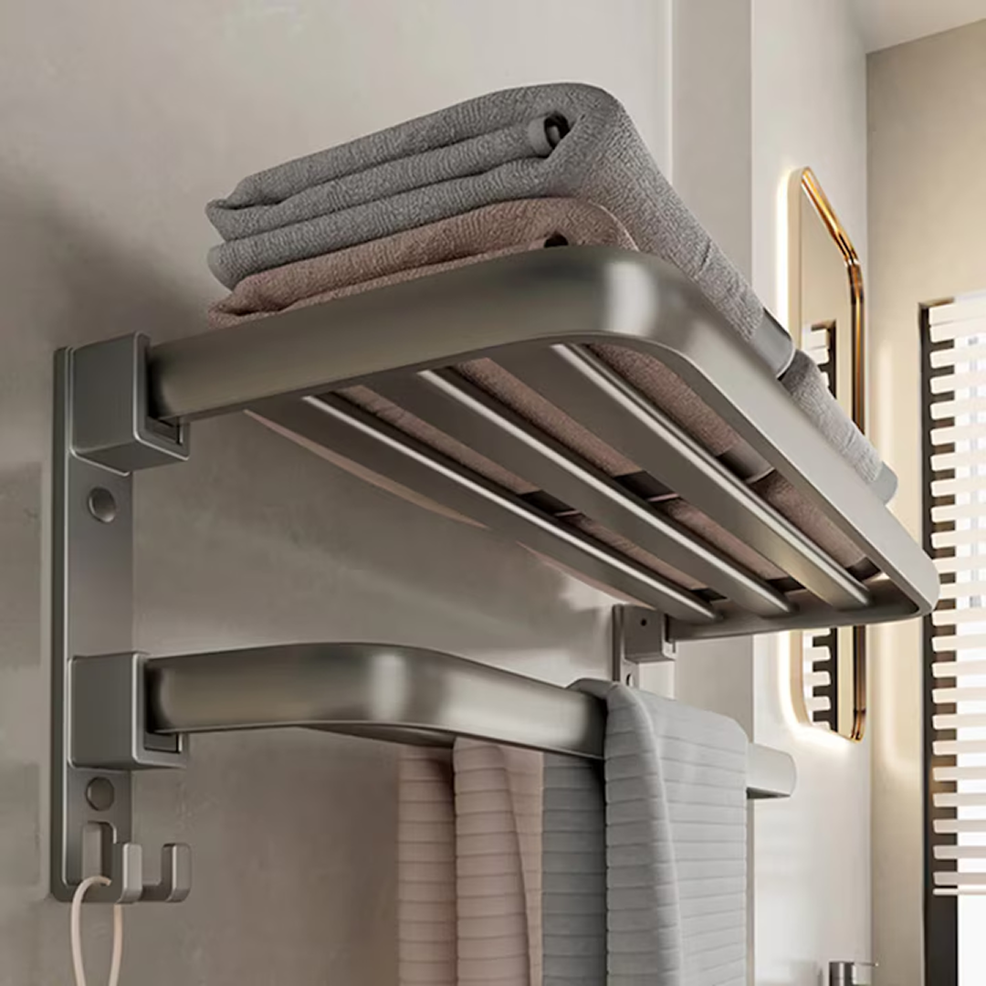 Suport Prosoape Baie Pliabil 2 Niveluri | Polita si Bara cu Carlige | Aluminiu si Otel | 60x21x17.5cm | Gri | Suporta 40kg - imagine 3