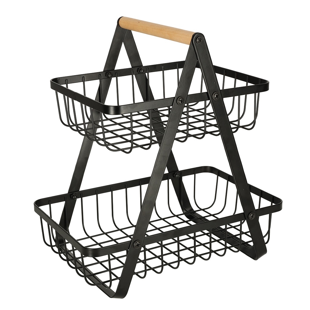 Cos Fructe 2 Nivele | Metal si Lemn | Portabil cu Maner | Structura Stabila | Multifunctional | Bucatarie si Birou - imagine 6