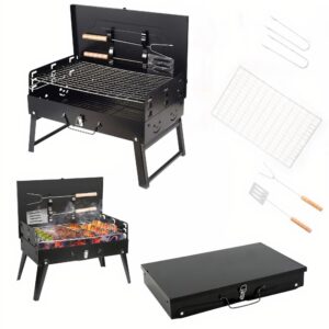 Gratar Portabil Pliabil Tip Valiza | Suprafata Inox 42.5x25.5cm | Otel Vopsit Pulbere | Carbune si Lemn | 3kg | 44x27x6cm | Negru