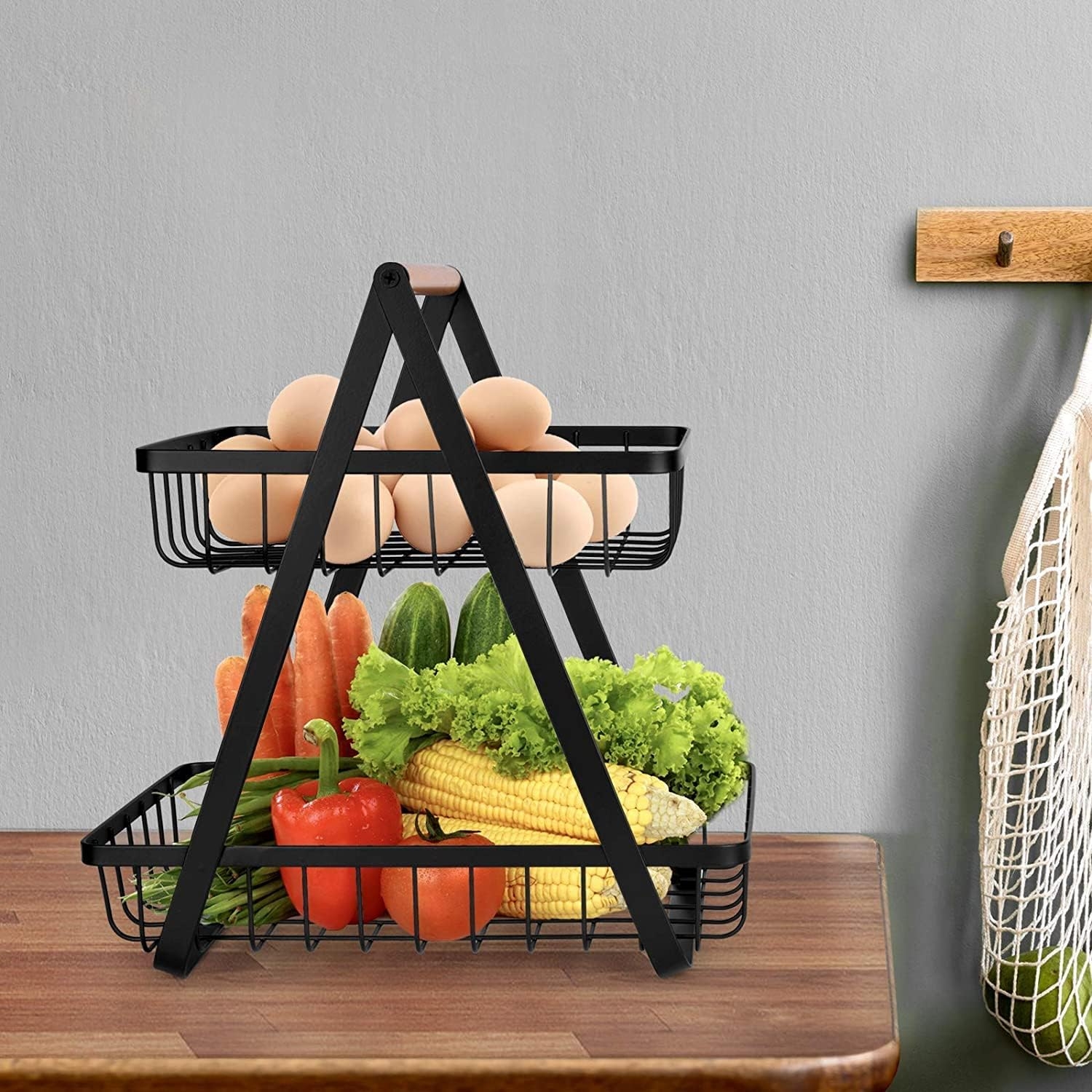 Cos Fructe 2 Nivele | Metal si Lemn | Portabil cu Maner | Structura Stabila | Multifunctional | Bucatarie si Birou - imagine 8