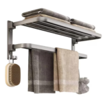 Suport Prosoape Baie Pliabil 2 Niveluri | Polita si Bara cu Carlige | Aluminiu si Otel | 60x21x17.5cm | Gri | Suporta 40kg