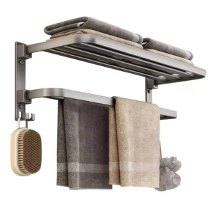 Suport Prosoape Baie Pliabil 2 Niveluri | Polita si Bara cu Carlige | Aluminiu si Otel | 60x21x17.5cm | Gri | Suporta 40kg