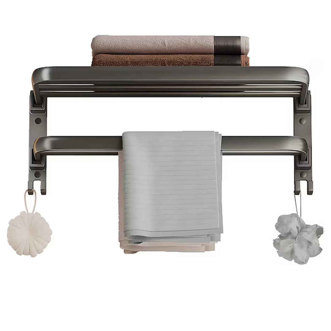Suport Prosoape Baie Pliabil 2 Niveluri | Polita si Bara cu Carlige | Aluminiu si Otel | 60x21x17.5cm | Gri | Suporta 40kg - imagine 6