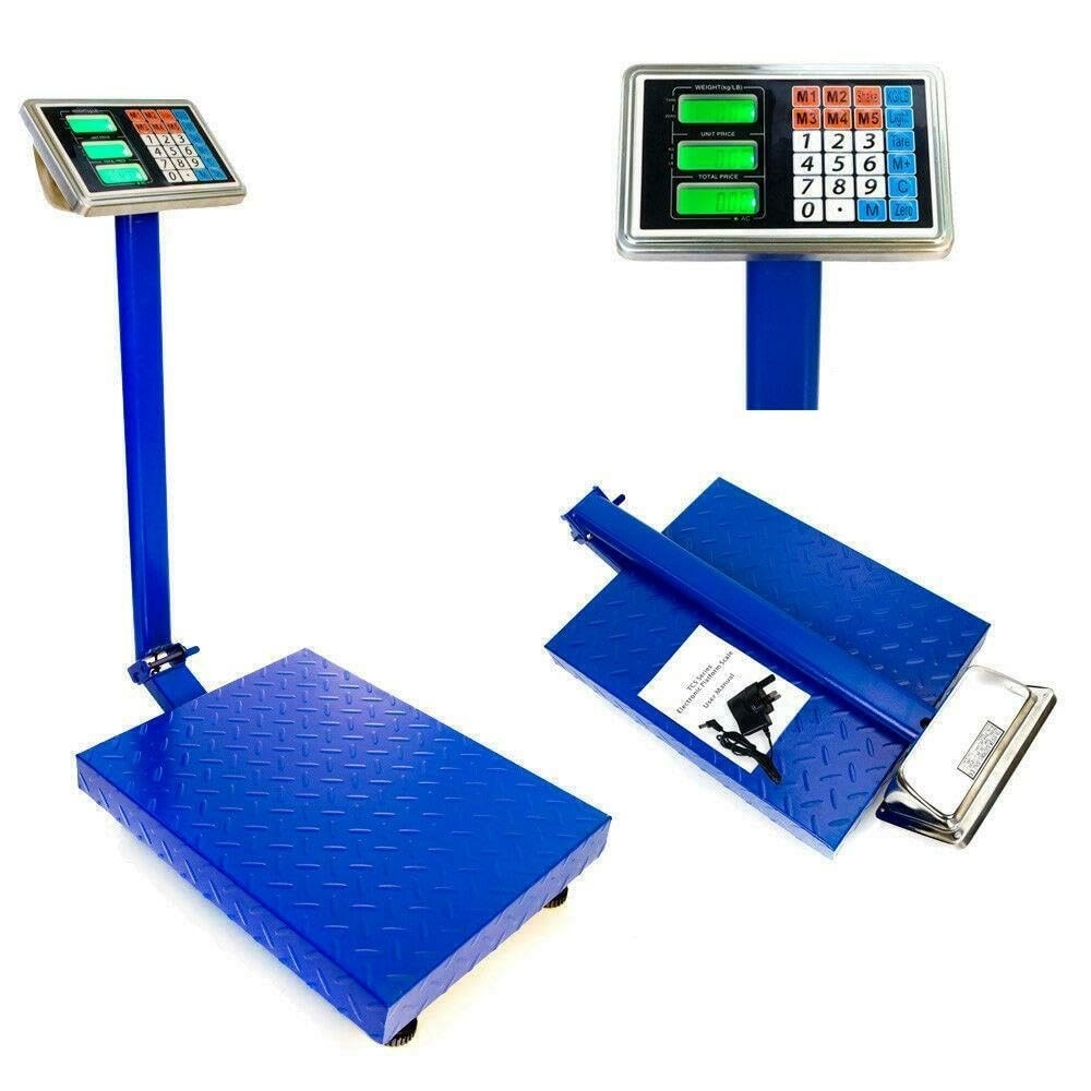 Cantar Electronic 350kg | Platforma Otel 40x50cm Tabla Striata | Acumulator sau 220V | Functia Tara | Memorie 5 Preturi | Brat Rabatabil | LCD | Albastru - imagine 2