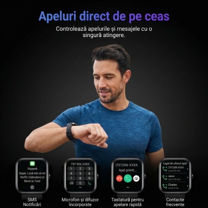 Smartwatch GT4 Pro | Apeluri Bluetooth 4.0 | IP67 Rezistent Apa | Monitor SpO2 Ritm Cardiac Somn | 2 Curele Incluse | 17 Functii | Negru - imagine 2