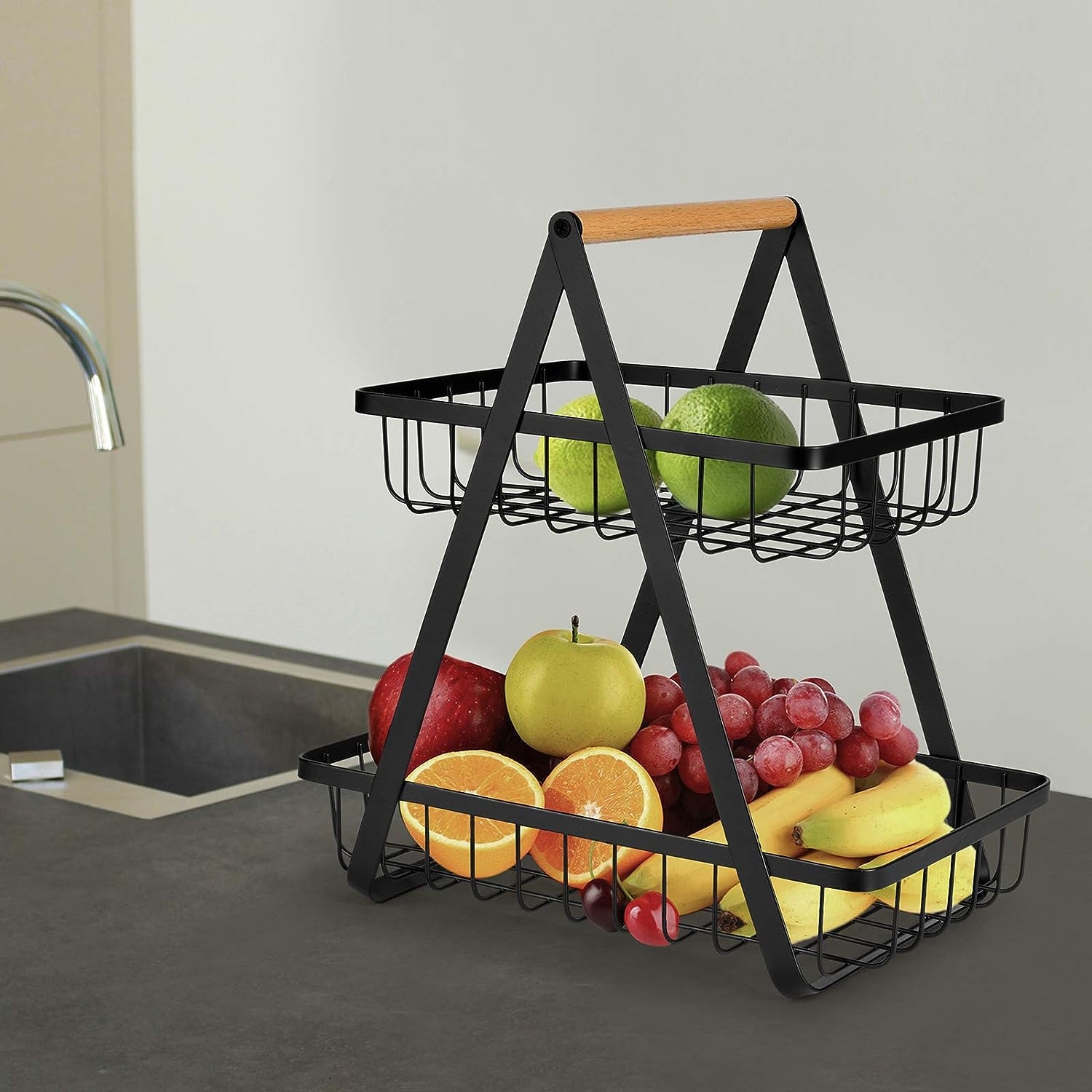 Cos Fructe 2 Nivele | Metal si Lemn | Portabil cu Maner | Structura Stabila | Multifunctional | Bucatarie si Birou - imagine 3