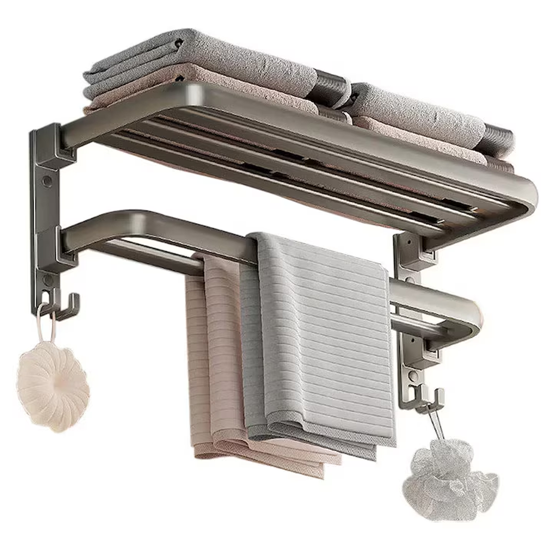 Suport Prosoape Baie Pliabil 2 Niveluri | Polita si Bara cu Carlige | Aluminiu si Otel | 60x21x17.5cm | Gri | Suporta 40kg - imagine 5