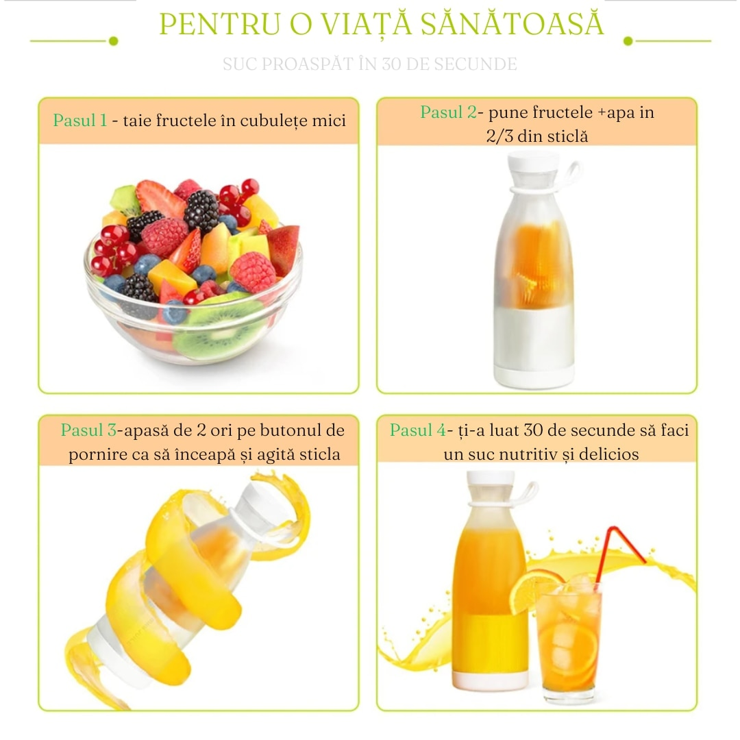 Mini Blender Portabil Electric | 40W 6 Lame 3D Inox | Baterie 1200mAh 15 Mixuri | Auto-Curatare | USB | Smoothie si Cocktail | Albastru - imagine 4