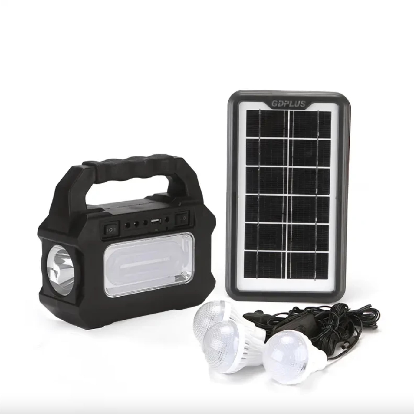 Kit Solar Portabil GD8080 | Lanterna Spot/Flood si Lampa Lucru 12 LED | 3 Becuri LED Cablu 5m | Baterie 4000mAh 6V | Incarcare Solara 12h sau Retea 13h | USB 5V