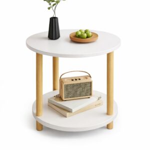 Masuta de Cafea cu Doua Niveluri | Blat Alb si Picioare Lemn Natural | Raft Inferior Depozitare | Design Scandinav | 40x53cm