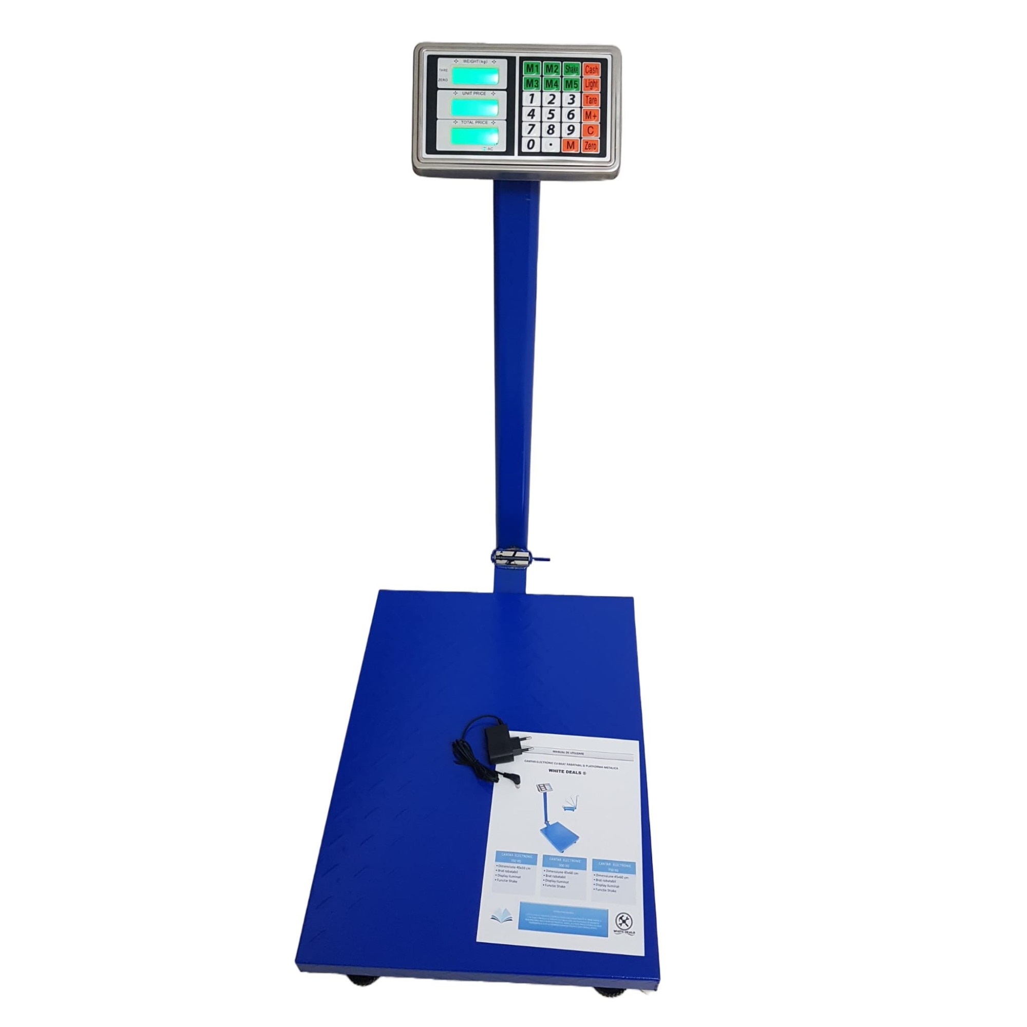 Cantar Electronic 350kg | Platforma Otel 40x50cm Tabla Striata | Acumulator sau 220V | Functia Tara | Memorie 5 Preturi | Brat Rabatabil | LCD | Albastru - imagine 3