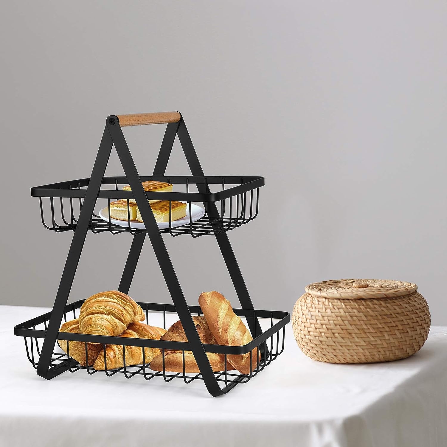 Cos Fructe 2 Nivele | Metal si Lemn | Portabil cu Maner | Structura Stabila | Multifunctional | Bucatarie si Birou - imagine 11