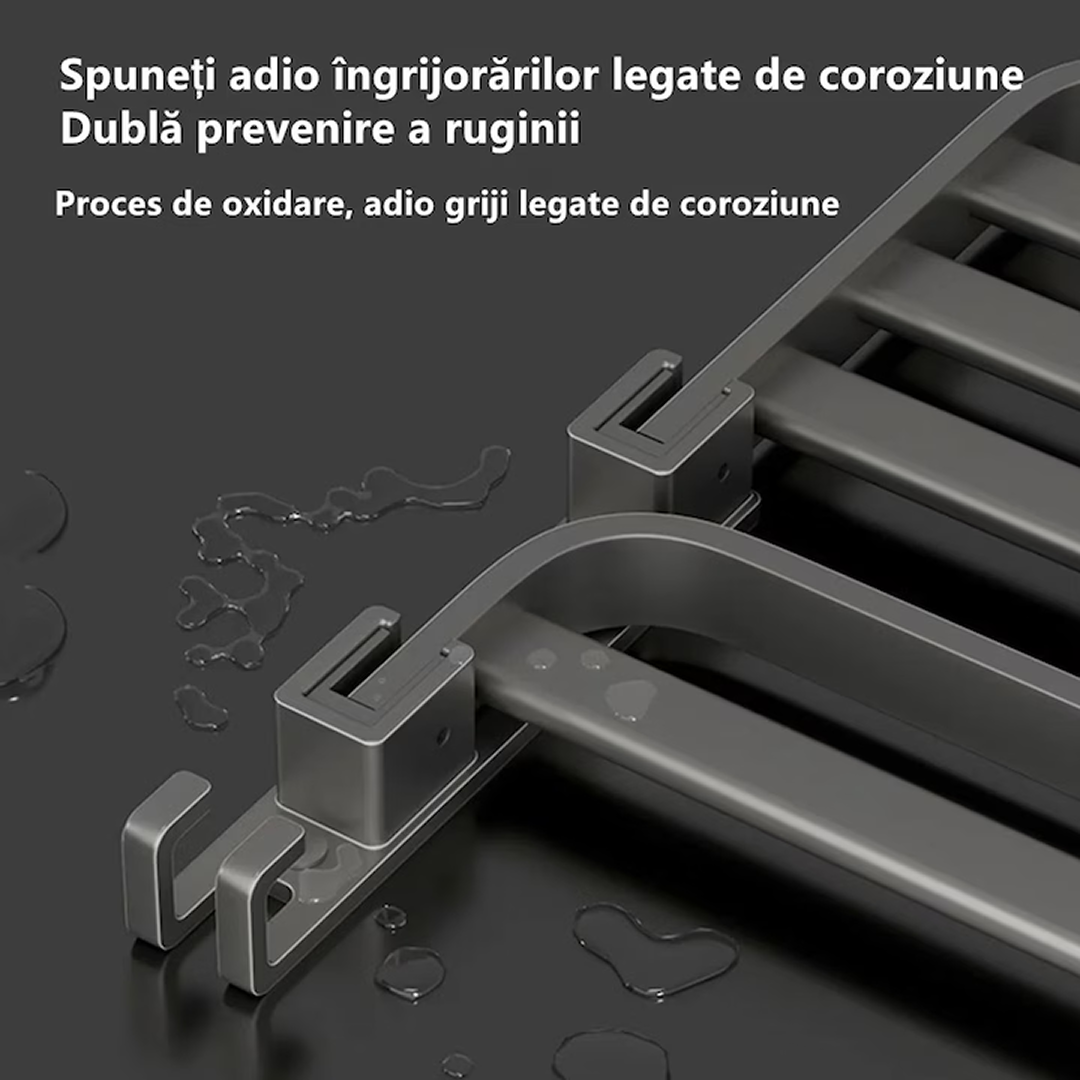Suport Prosoape Baie Pliabil 2 Niveluri | Polita si Bara cu Carlige | Aluminiu si Otel | 60x21x17.5cm | Gri | Suporta 40kg - imagine 7