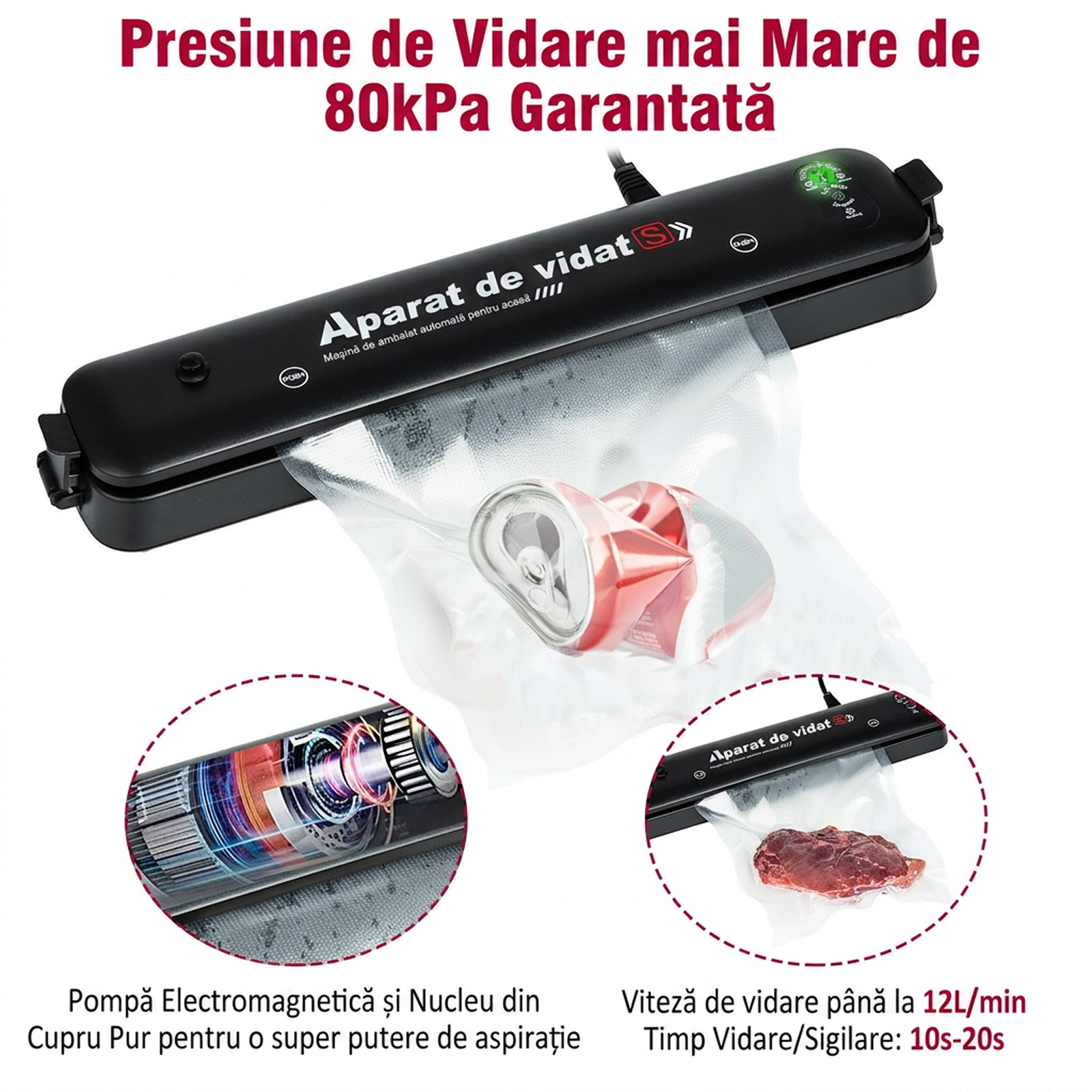 Aparat de Sigilat si Vidat Alimente | 220V 90W | Mod Automat si Manual | Indicator LED | Alimente Uscate si Umede | Compact Portabil - imagine 3