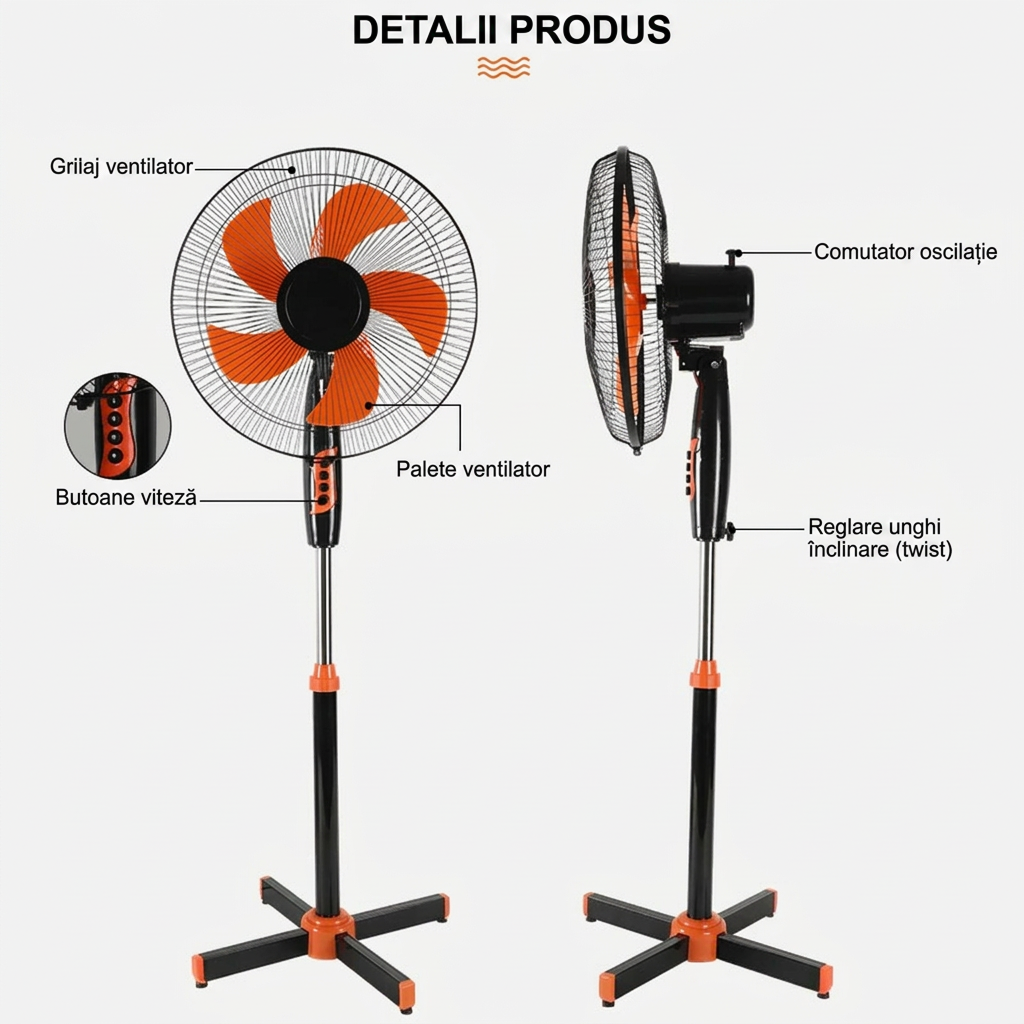 Ventilator cu Picior 16 Inch (40cm) | 40W | Motor Cupru | 3 Viteze | Inaltime Reglabila 30-90cm | Oscilatie | Garantie 3 Ani - imagine 4