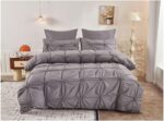 Lenjerie de Pat 6 Piese Finet Inimi Brodate | Gri | Cearceaf Pilota 200x230 Fermoar | Pat 250x270 | 4 Fete Perna | 130 GSM