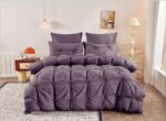 Lenjerie de Pat 6 Piese Finet Inimi Brodate | Mov | Cearceaf Pilota 200x230 Fermoar | Pat 250x270 | 4 Fete Perna | 130 GSM